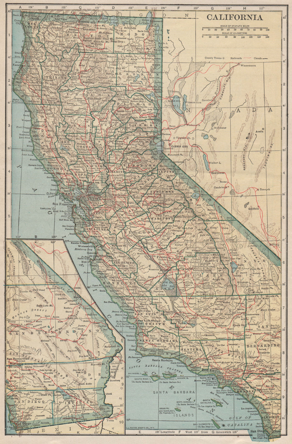 California state map showing railroads. POATES 1925 old vintage plan chart
