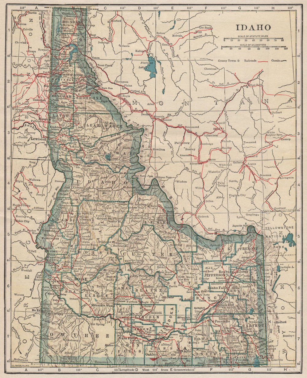 Idaho state map showing railroads. POATES 1925 old vintage plan chart