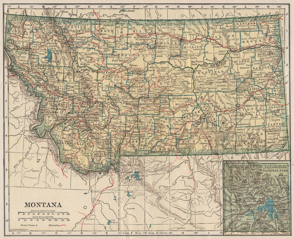Montana (inset Yellowstone National Park) state map with railroads. POATES 1925