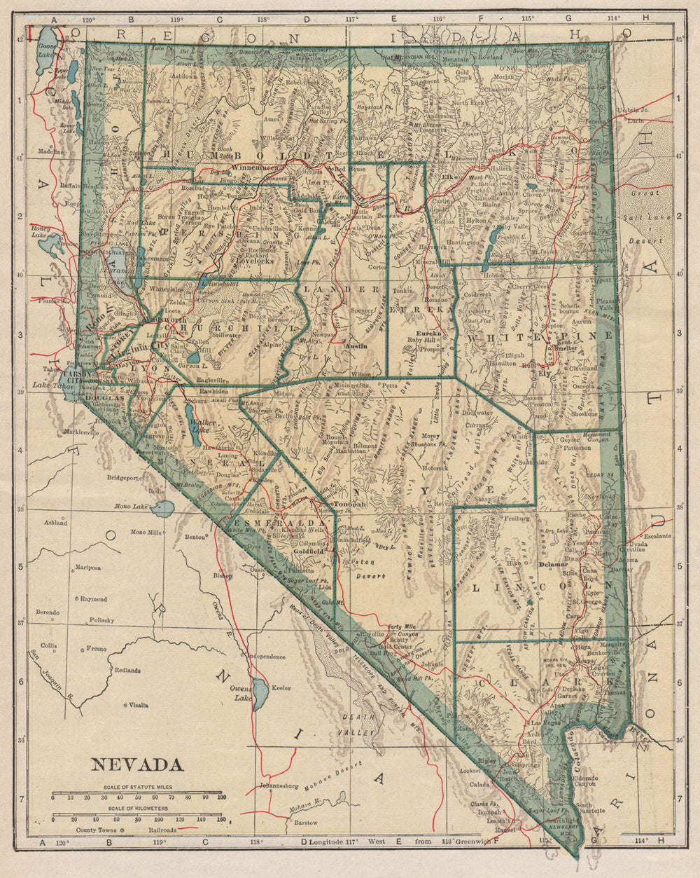 Nevada state map showing railroads. POATES 1925 old vintage plan chart