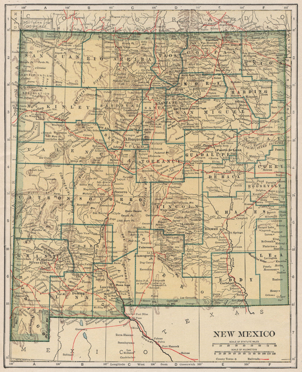 New Mexico state map showing railroads. POATES 1925 old vintage plan chart