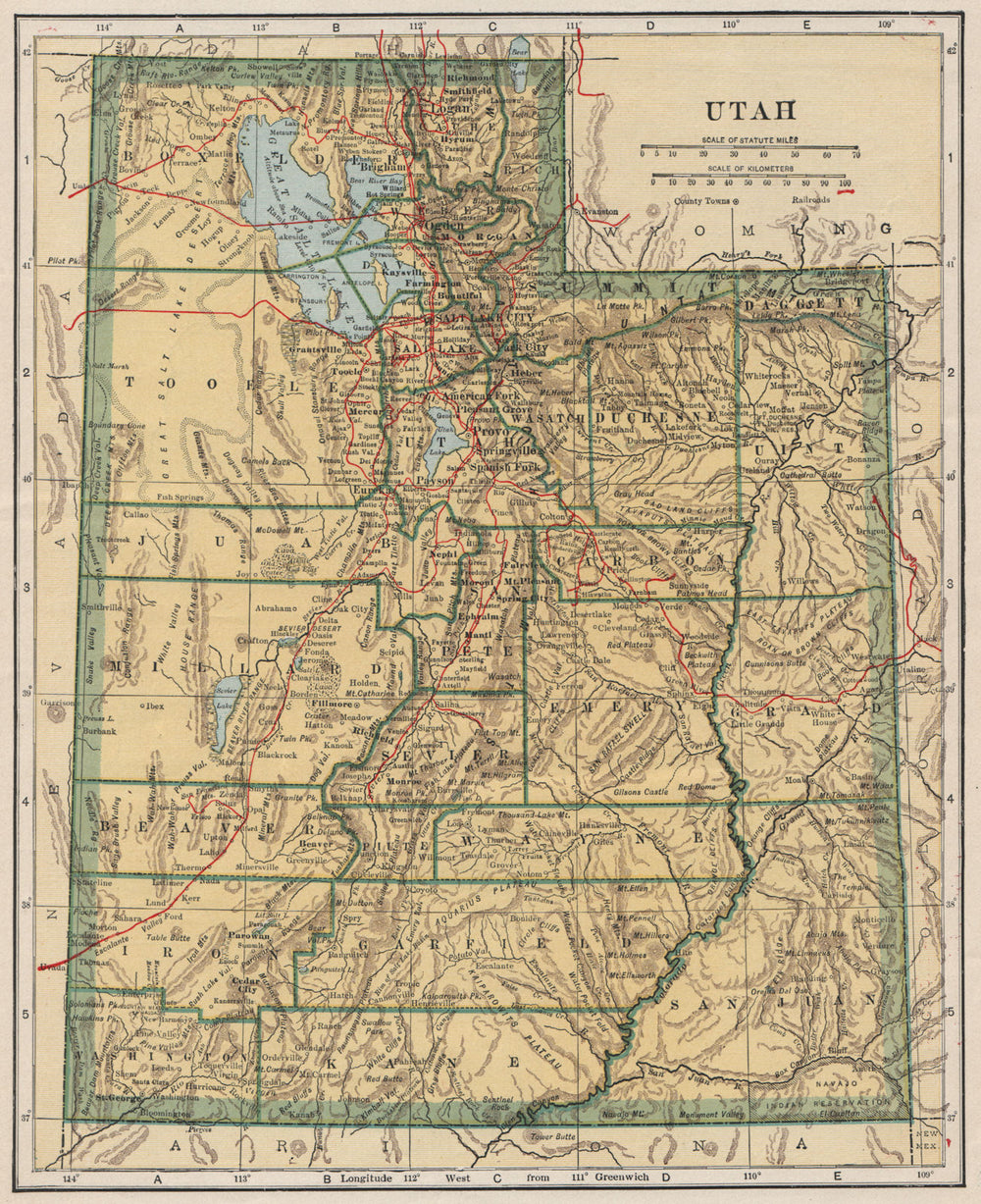 Utah state map showing railroads. POATES 1925 old vintage plan chart