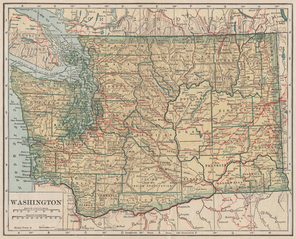 Washington state map showing railroads. POATES 1925 old vintage plan chart