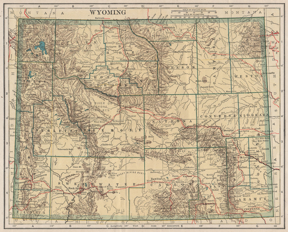 Wyoming state map showing railroads. POATES 1925 old vintage plan chart