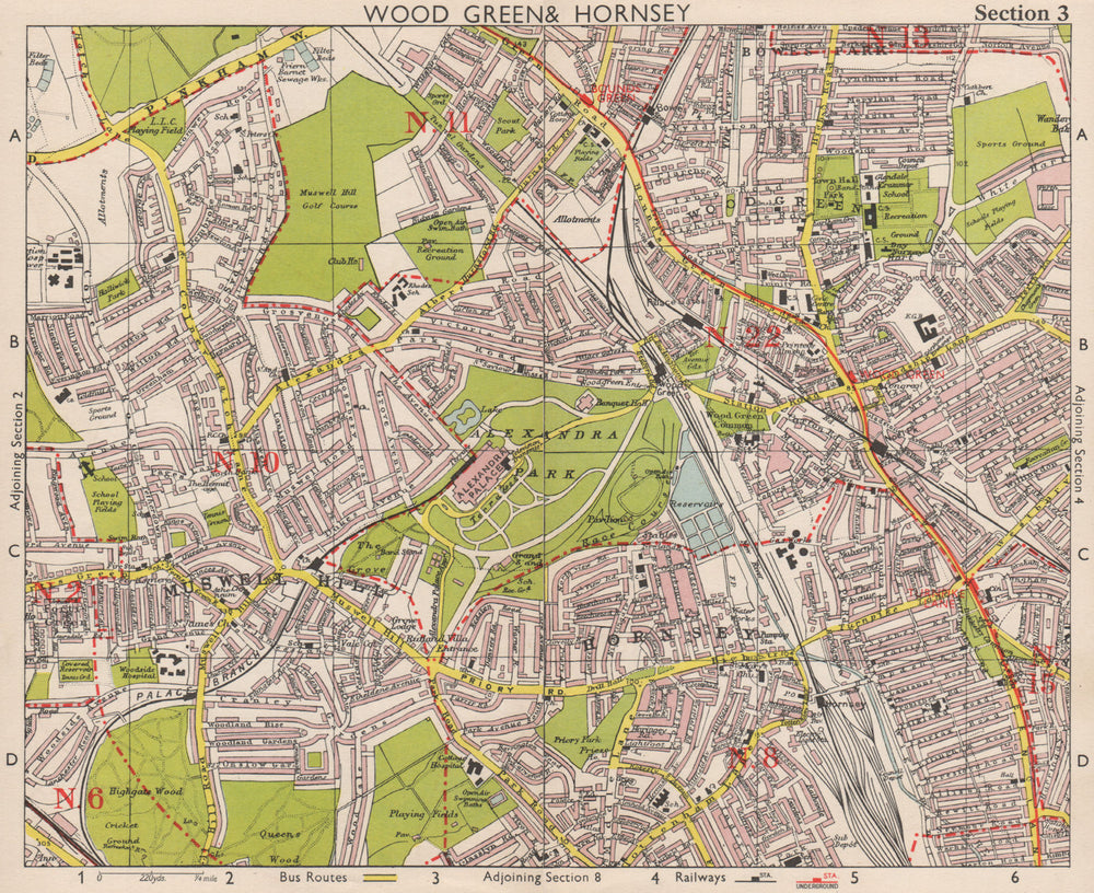 N LONDON. Wood Green Hornsey Muswell Hill Bowes Park Alexandra P.BACON 1959 map