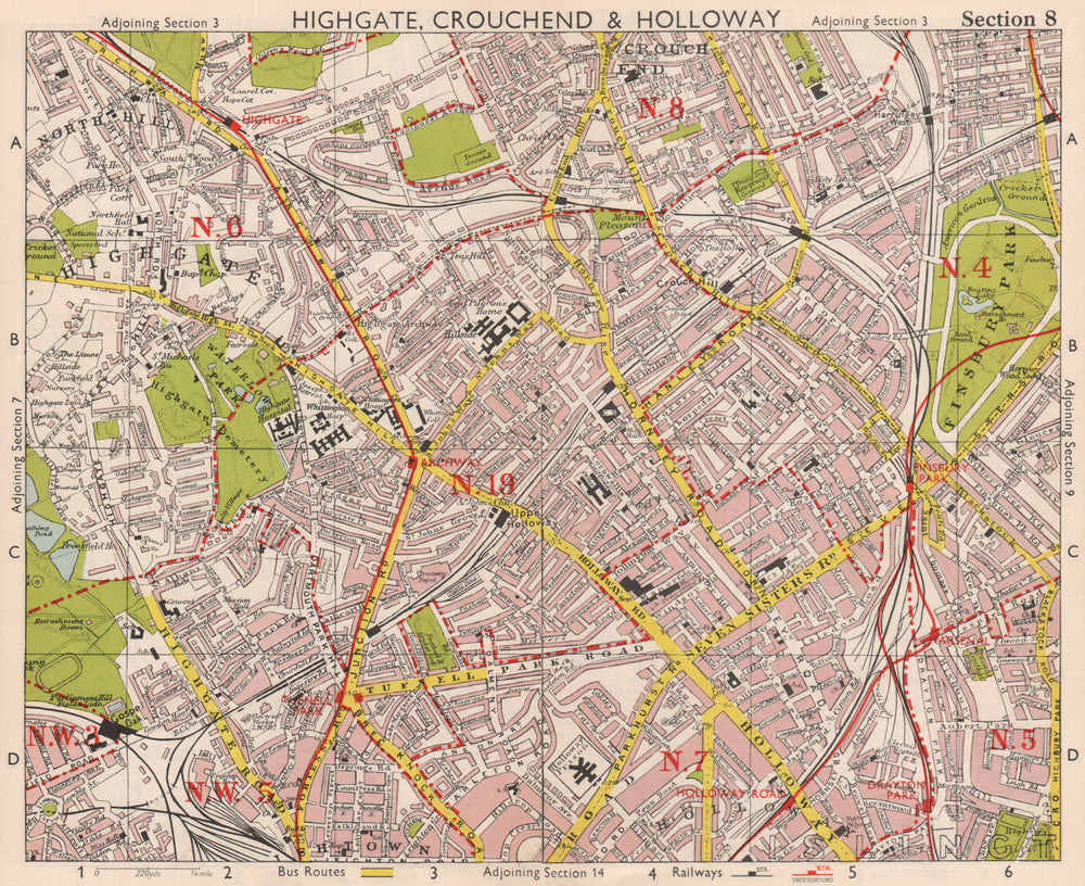 N LONDON. Highgate Crouch End Holloway Finsbury Park Gospel Oak. BACON 1959 map