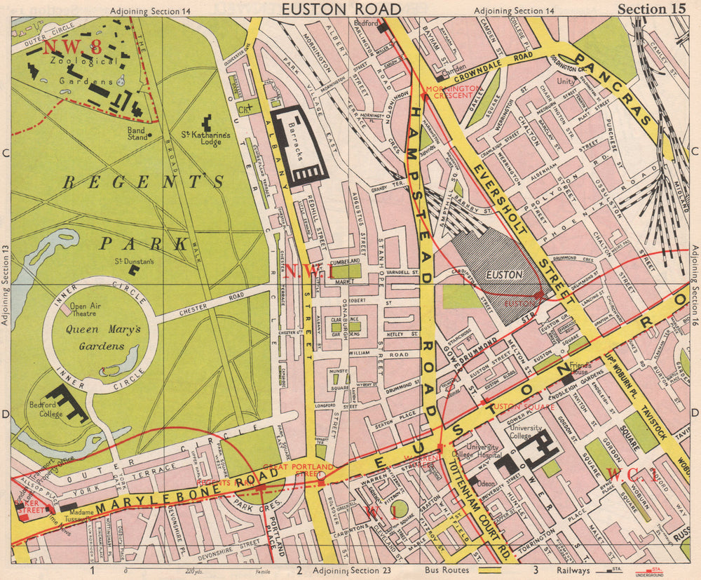LONDON W1 WC1 NW1 Euston Regent's Park Bloomsbury Fitzrovia. BACON 1959 map