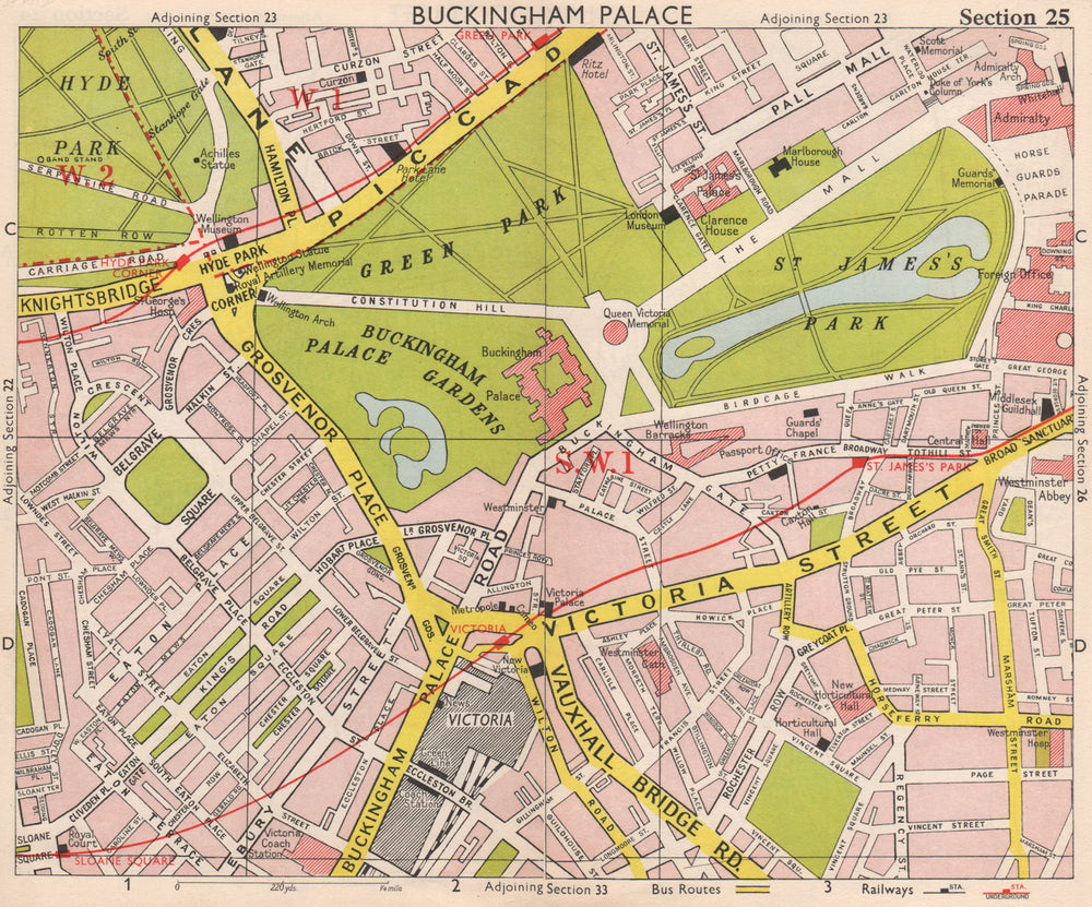 LONDON SW1. Belgravia Victoria Westminster Green/St James's Park. BACON 1959 map