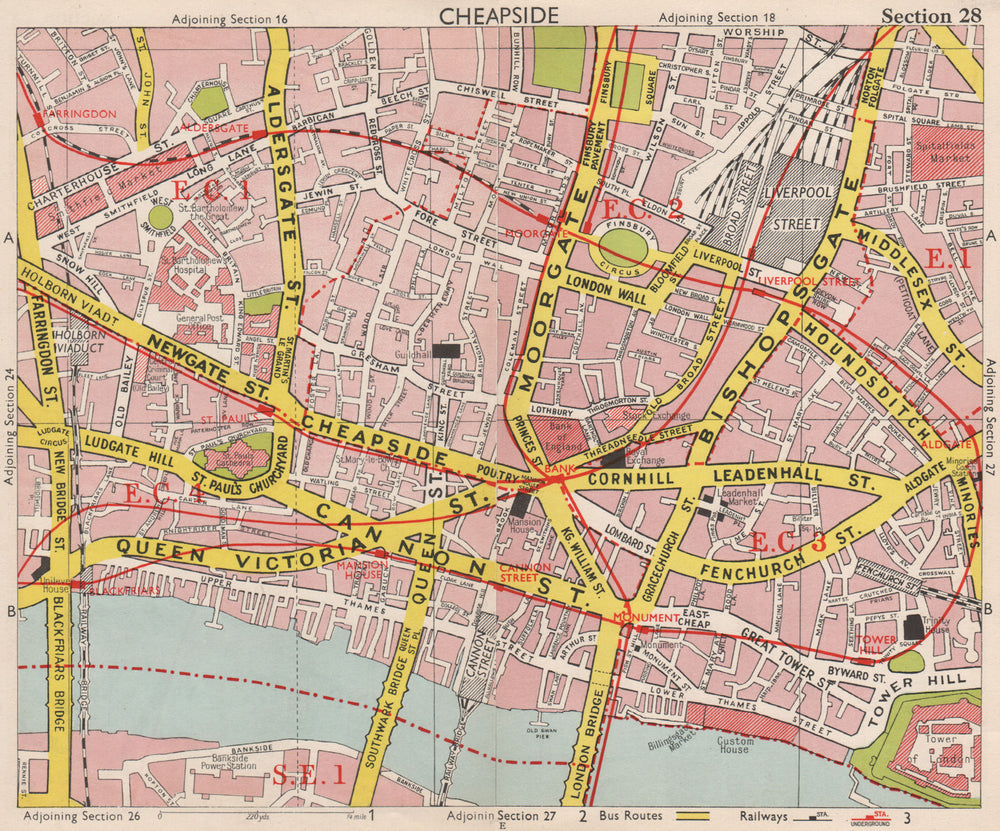 CITY OF LONDON EC1 EC2 EC3 EC4. Post Office. Broad street station.BACON 1959 map