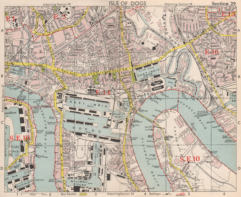 E LONDON Surrey Docks Isle of Dogs Canning Town Poplar Limehouse.BACON 1959 map