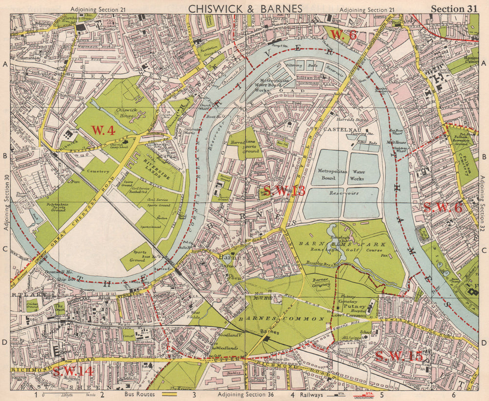 SW LONDON. Chiswick Barnes Castlenau Fulham Hammersmith Mortlake.BACON 1959 map