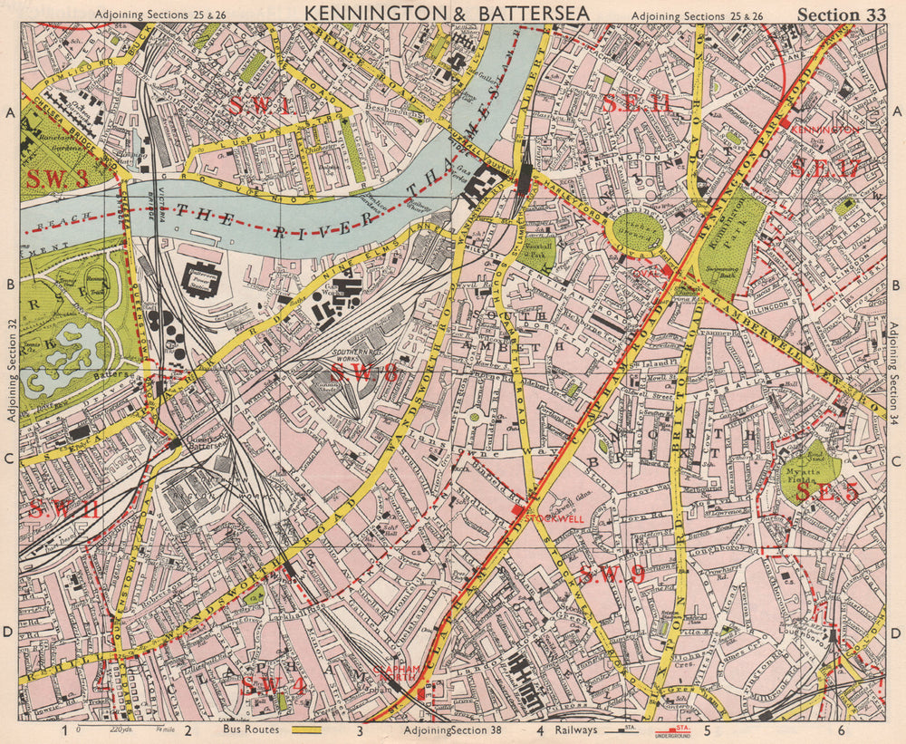 S LONDON. Kennington Battersea Pimlico Brixton Lambeth Clapham. BACON 1959 map
