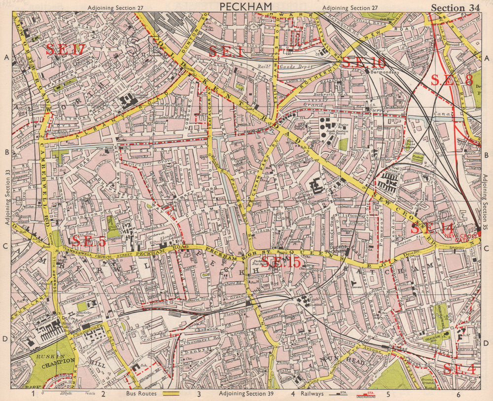 SE LONDON. Peckham Camberwell Hatcham Denmark Hill Surrey canal. BACON 1959 map