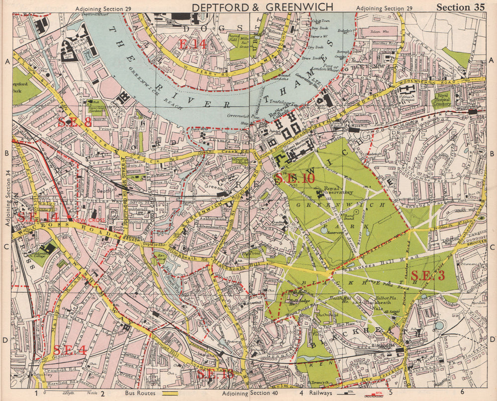 SE LONDON. Deptford Greenwich Cubitt Town Lewisham Blackheath. BACON 1959 map