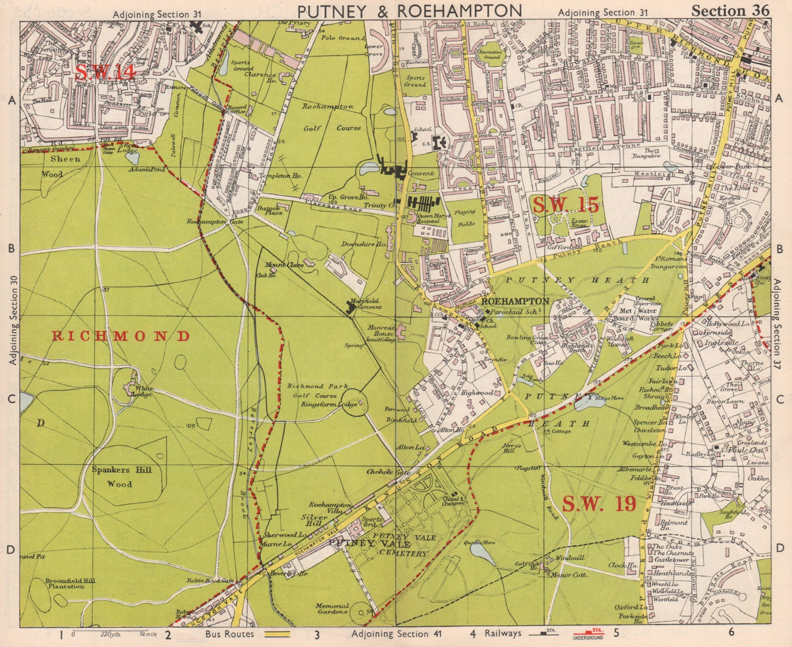 150 Roehampton Maps SW LONDON. Putney Roehampton Richmond Park Wimbledon Common. BACON 1959 ...