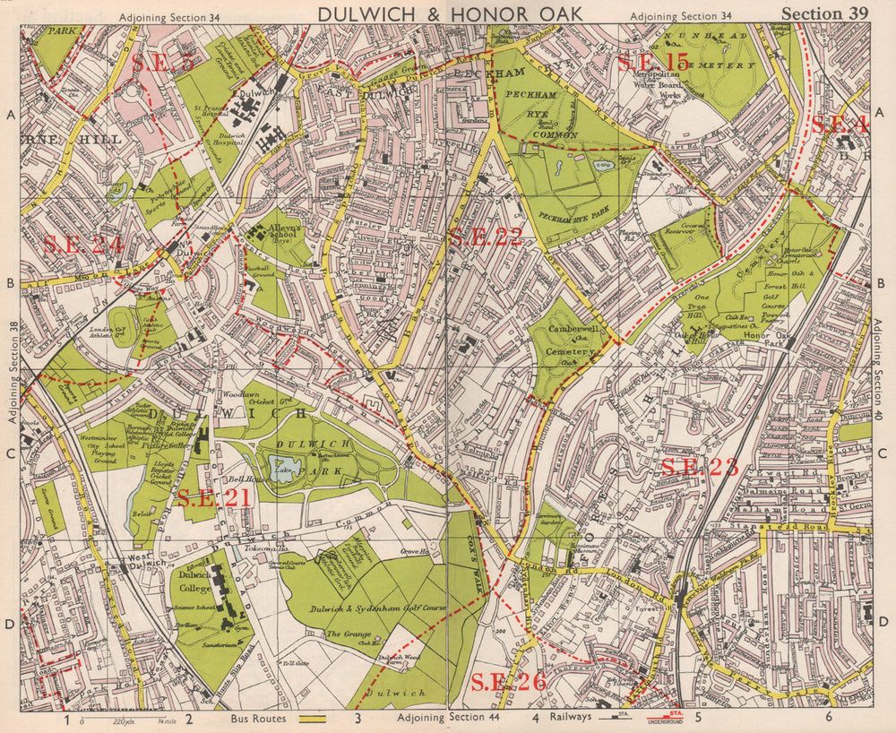 SE LONDON. Dulwich Honor Oak Forest Hill Herne Hill Peckham Rye. BACON 1959 map