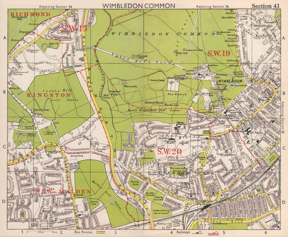 SW LONDON. Wimbledon Common Cottenham Park Malden Coombe Hill. BACON 1959 map