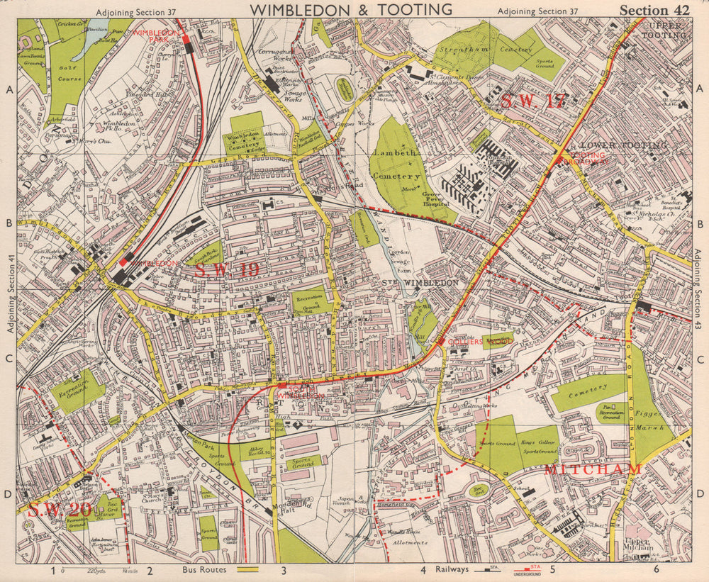 SW LONDON. Wimbledon Tooting Merton Morden Upper Mitcham. BACON 1959 old map