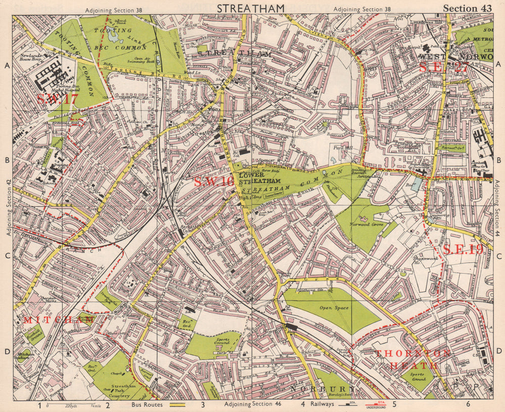 S LONDON. Streatham/Vale Norbury Tooting Bec West Norwood. BACON 1959 old map