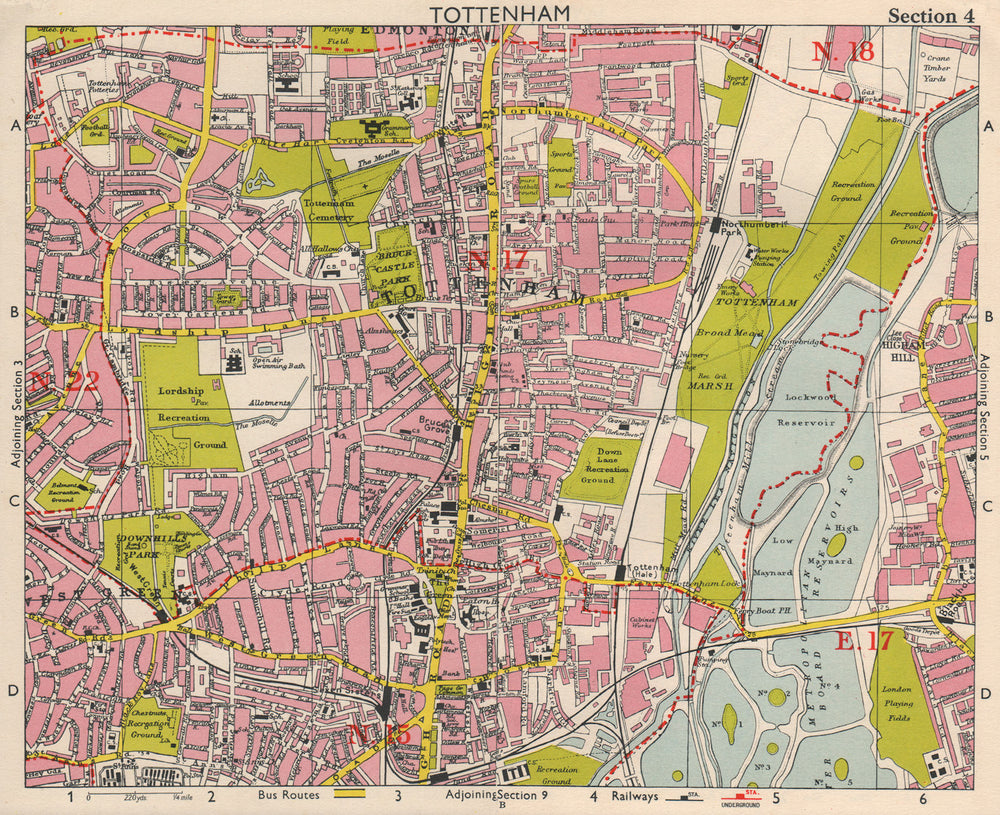 N LONDON Tottenham Edmonton Seven Sisters Higham Hill West Green.BACON 1963 map