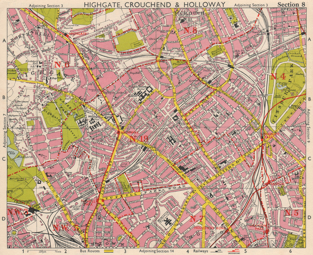 N LONDON. Highgate Crouch End Holloway Finsbury Park Gospel Oak. BACON 1963 map