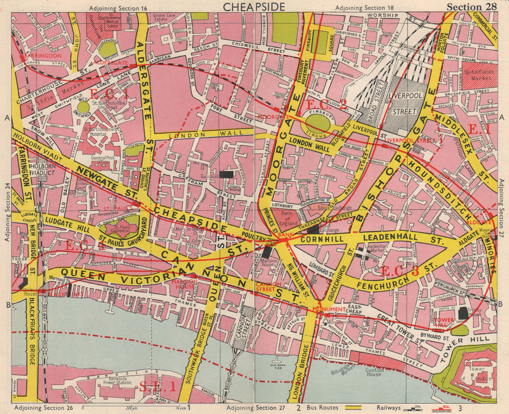 CITY OF LONDON EC1 EC2 EC3 EC4. Post Office. Broad street station.BACON 1963 map