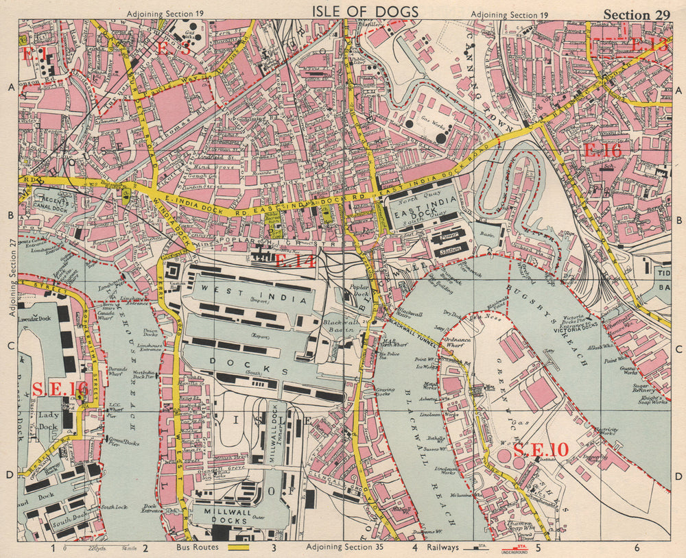 E LONDON Surrey Docks Isle of Dogs Canning Town Poplar Limehouse.BACON 1963 map
