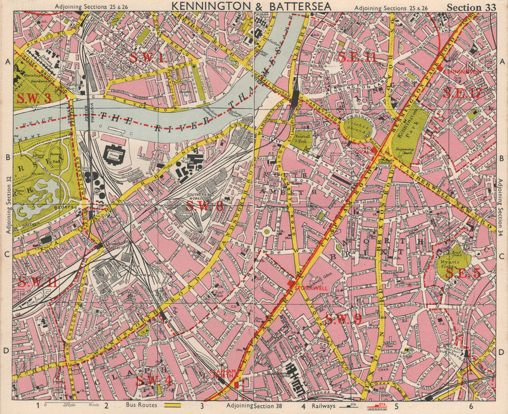 S LONDON. Kennington Battersea Pimlico Brixton Lambeth Clapham. BACON 1963 map