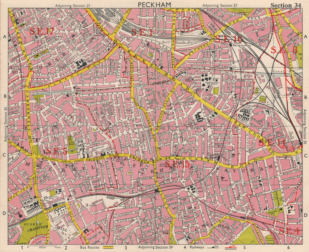 SE LONDON. Peckham Camberwell Hatcham Denmark Hill Surrey canal. BACON 1963 map