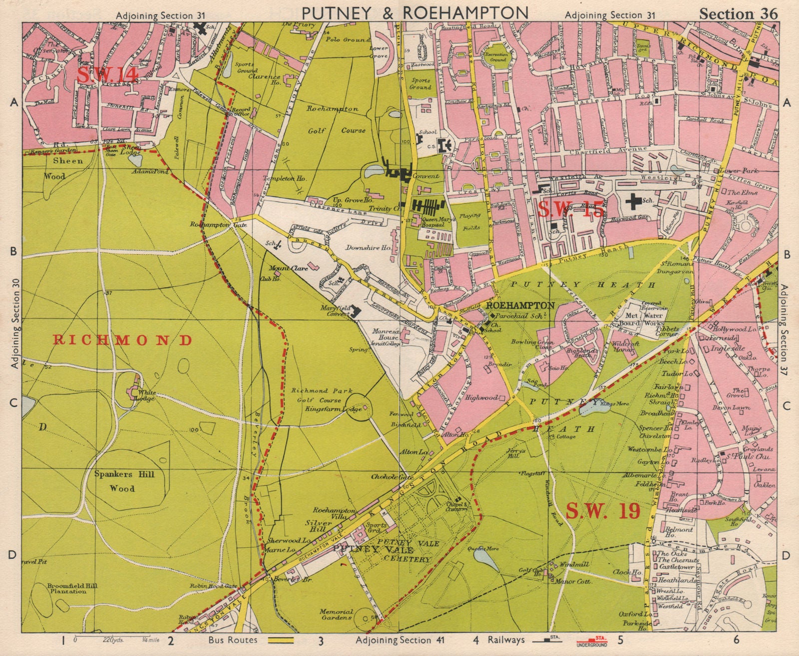 150 Roehampton Maps SW LONDON. Putney Roehampton Richmond Park Wimbledon Common. BACON 1963 ...