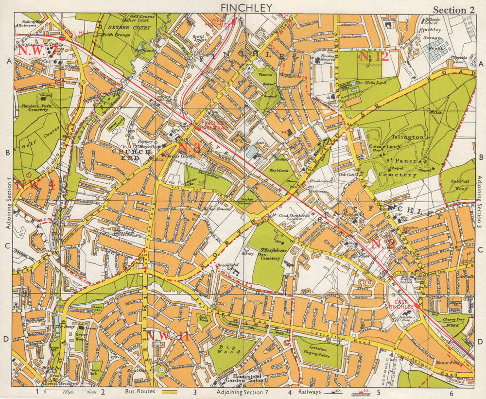 NW LONDON Finchley Church End Mill Hill Hampstead Garden Surburb.BACON 1968 map