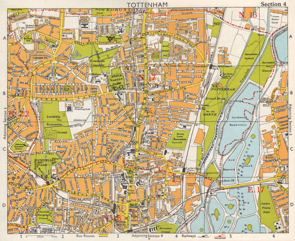 N LONDON Tottenham Edmonton Seven Sisters Higham Hill West Green.BACON 1968 map