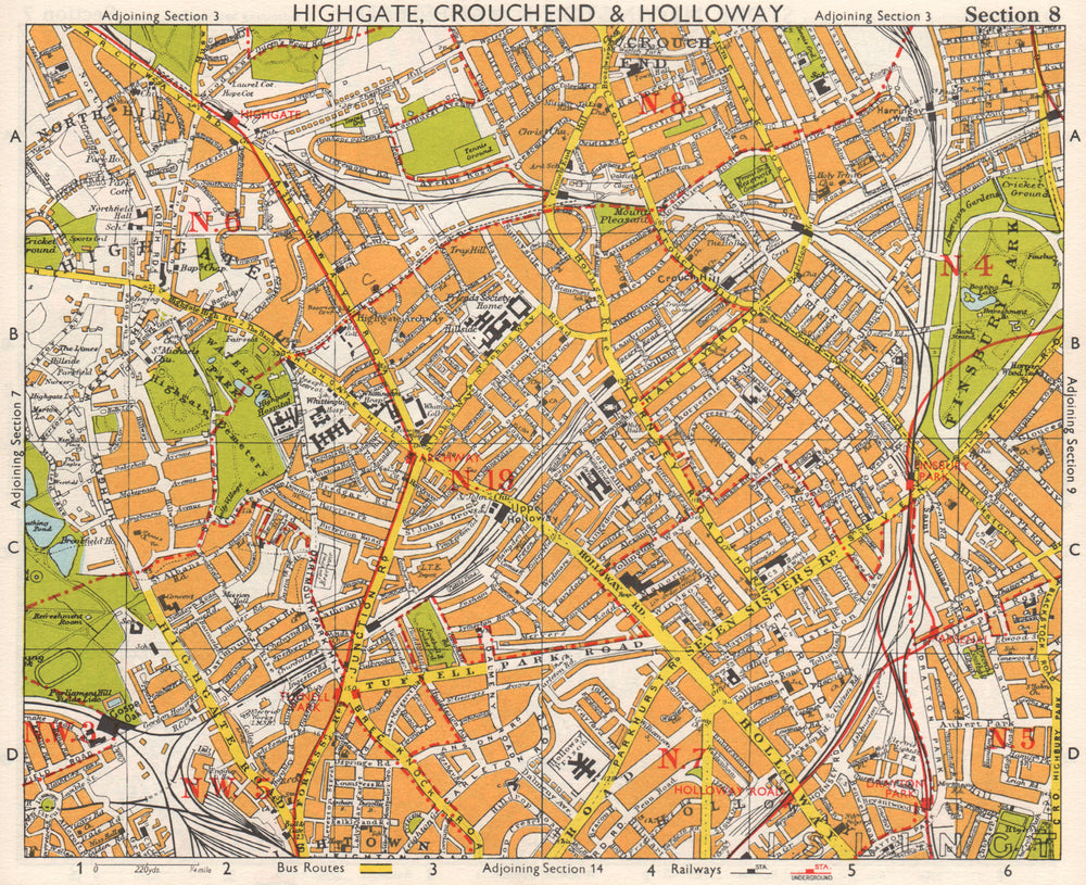 N LONDON. Highgate Crouch End Holloway Finsbury Park Gospel Oak. BACON 1968 map