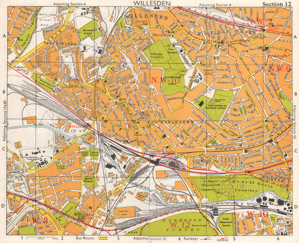 NW LONDON Willesden Harlesden Kensal Green Brentfield Park Royal.BACON 1968 map