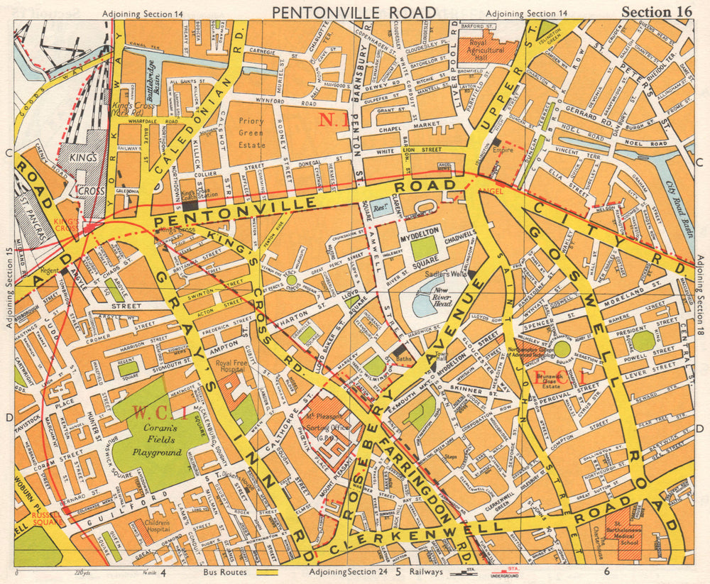 LONDON WC1 EC1 N1 Pentonville Bloomsbury Finsbury Islington. BACON 1968 map