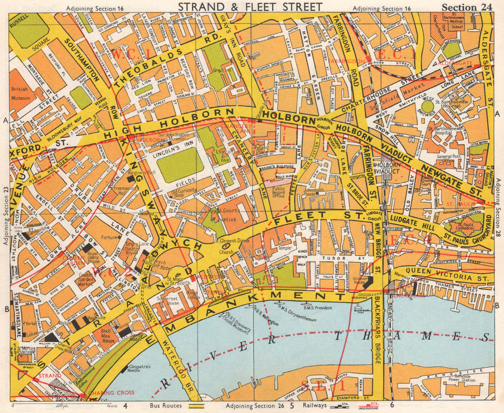 LONDON WC2 EC4 WC1 EC1. Covent Garden Holborn St Paul's Strand. BACON 1968 map