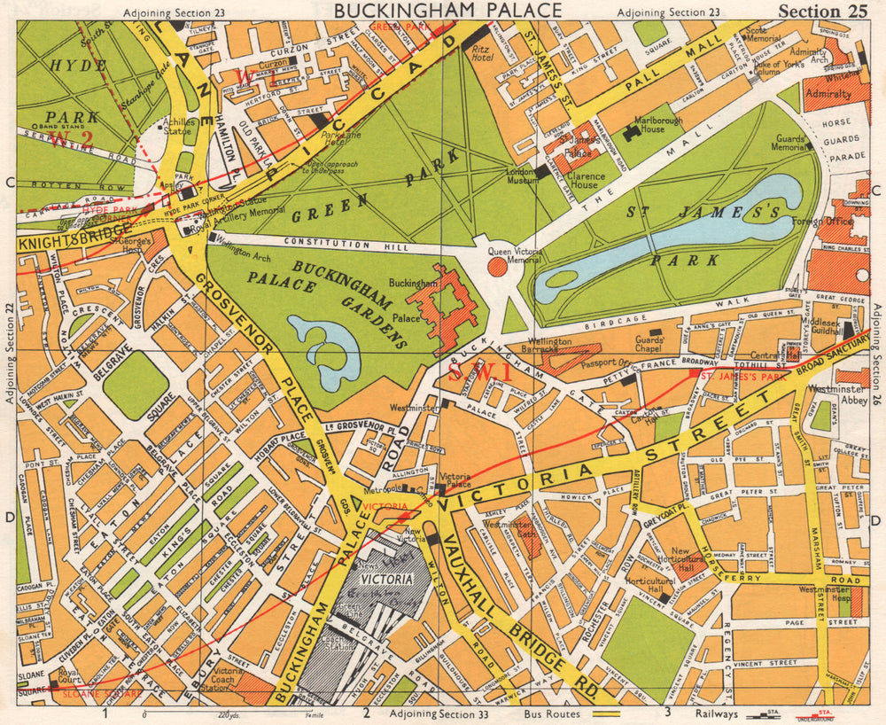LONDON SW1. Belgravia Victoria Westminster Green/St James's Park. BACON 1968 map