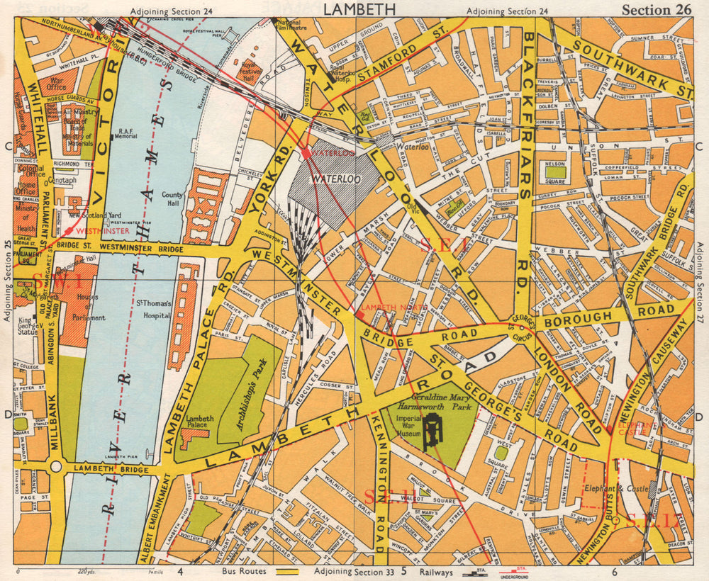 LONDON SE1 SE11 SW1 Lambeth Waterlook Elephant & Castle Whitehall.BACON 1968 map