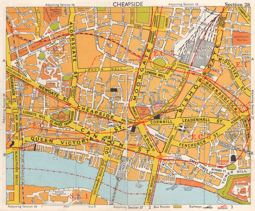 CITY OF LONDON EC1 EC2 EC3 EC4. Post Office. Broad street station.BACON 1968 map