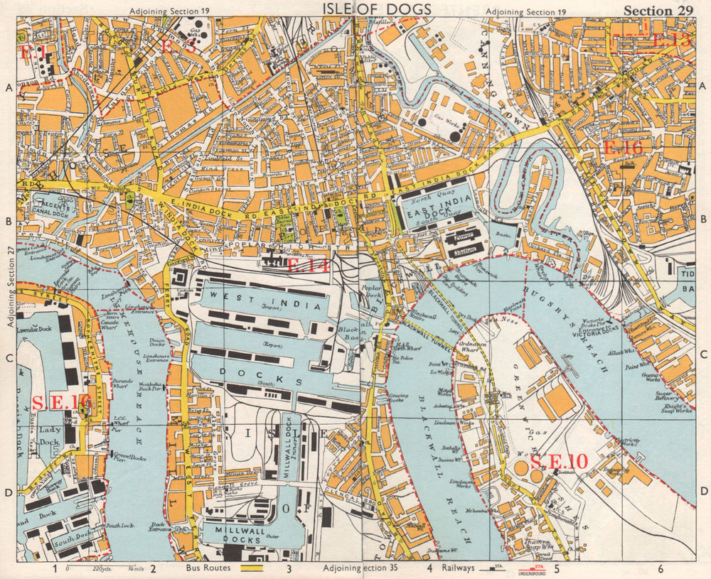 E LONDON Surrey Docks Isle of Dogs Canning Town Poplar Limehouse.BACON 1968 map