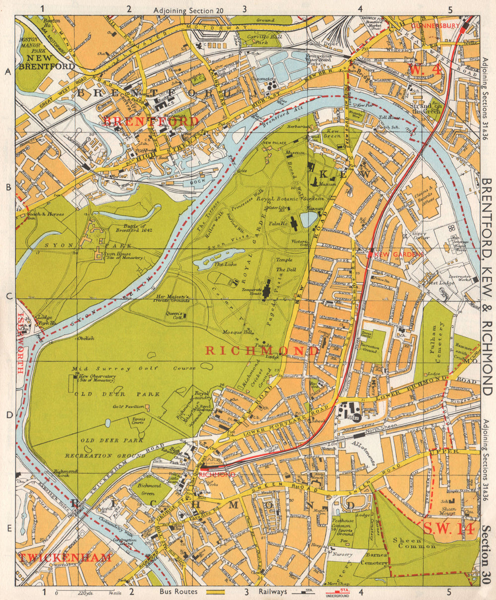 SW LONDON. Brentford Kew gardens Richmond Sheen Chiswick. BACON 1968 old map