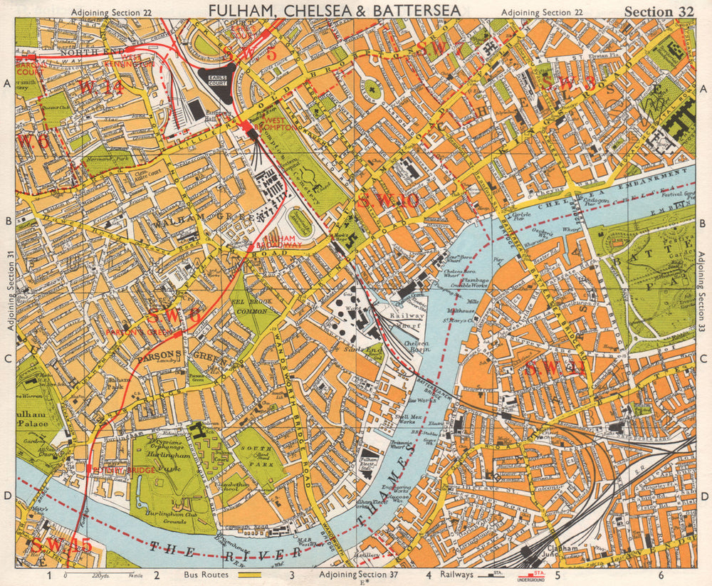 SW LONDON. Fulham Chelsea Battersea Walham/Parson's Green. BACON 1968 old map