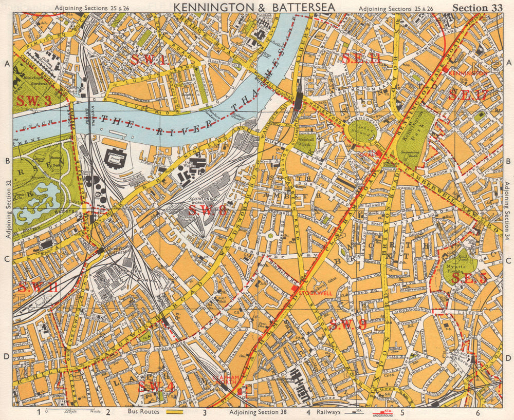 S LONDON. Kennington Battersea Pimlico Brixton Lambeth Clapham. BACON 1968 map