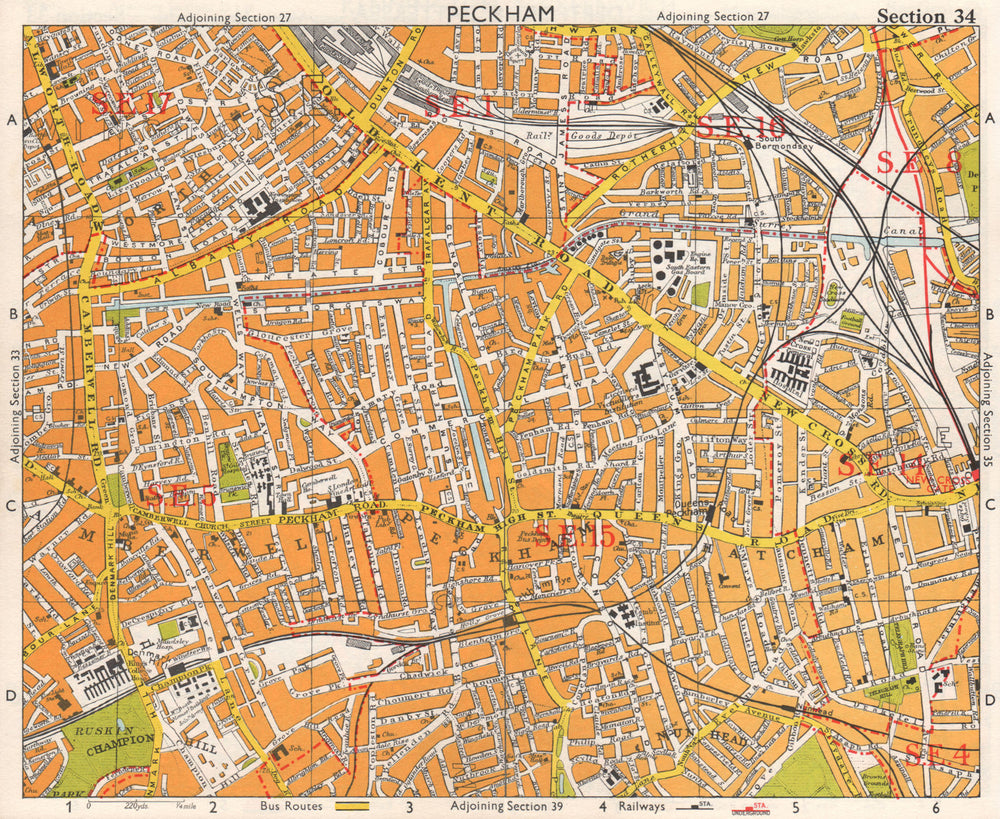 SE LONDON. Peckham Camberwell Hatcham Denmark Hill Surrey canal. BACON 1968 map