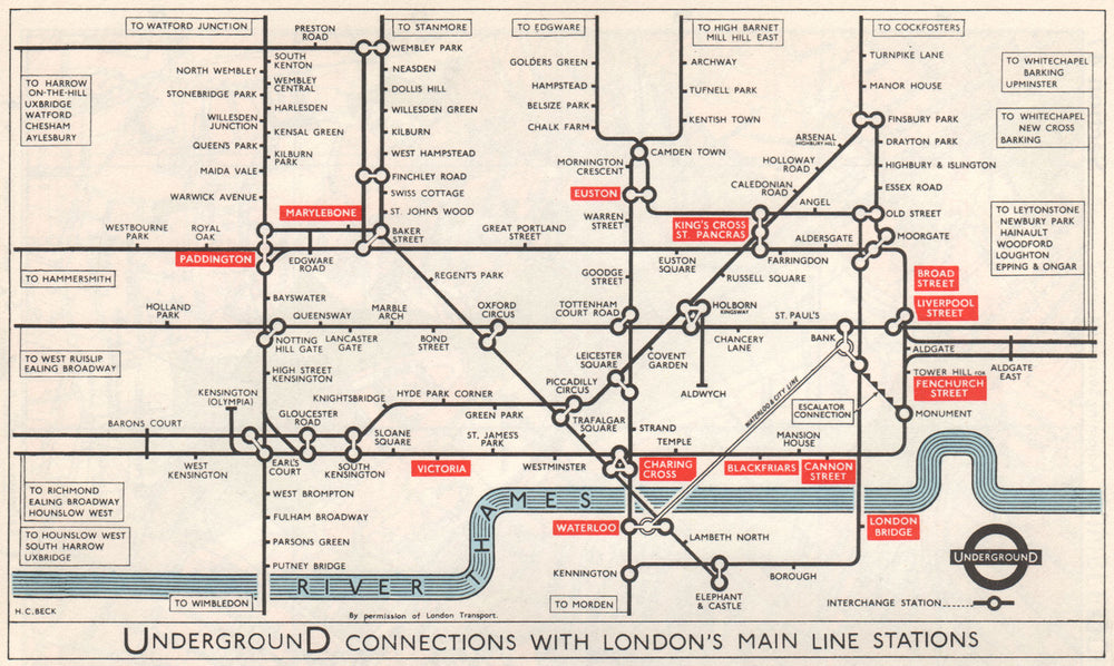 LONDON UNDERGROUND. Main Line rail connections. Pre-Victoria Line. BECK 1968 map