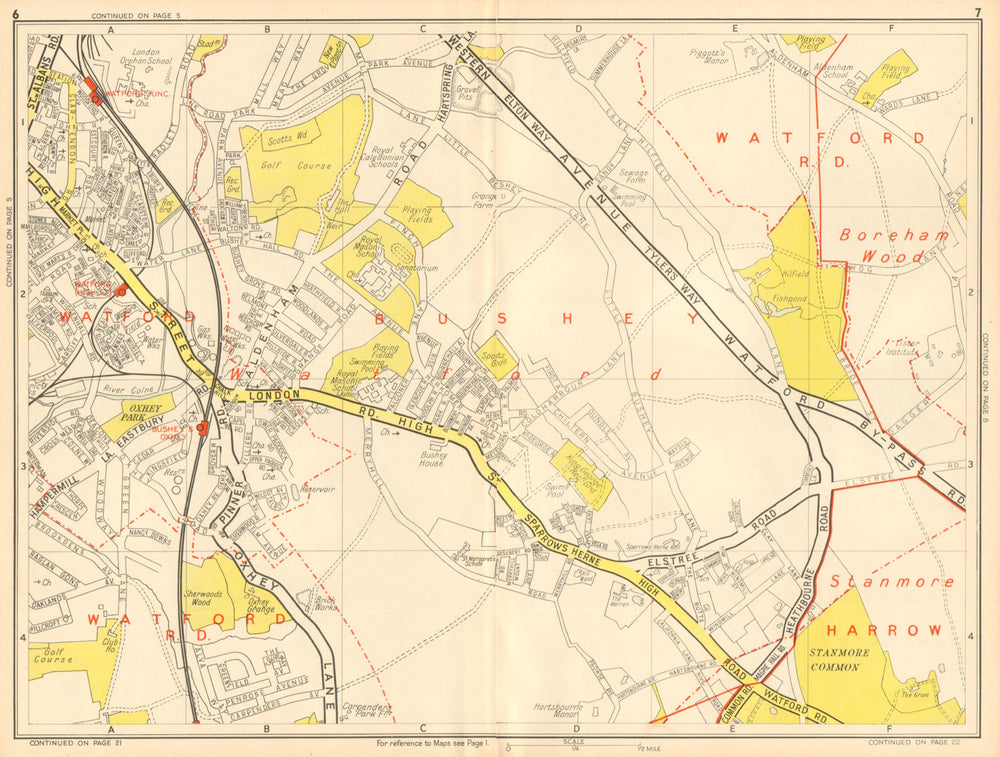 BUSHEY & WATFORD Borehamwood Stanmore Common. GEOGRAPHERS' A-Z 1948 old map