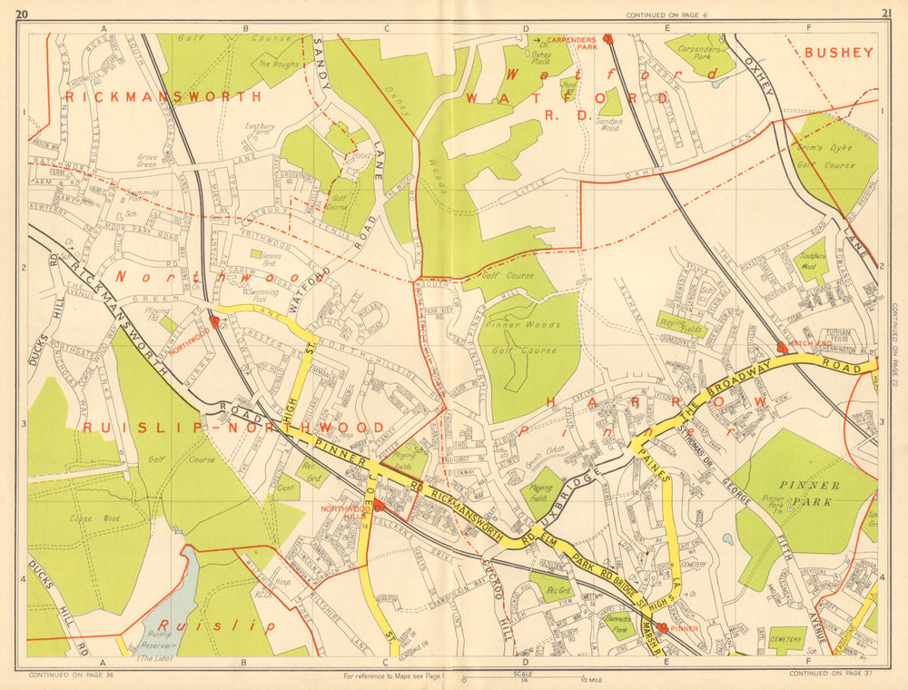 NORTHWOOD PINNER Watford Hatch End Carpenders Park. GEOGRAPHERS' A-Z 1948 map