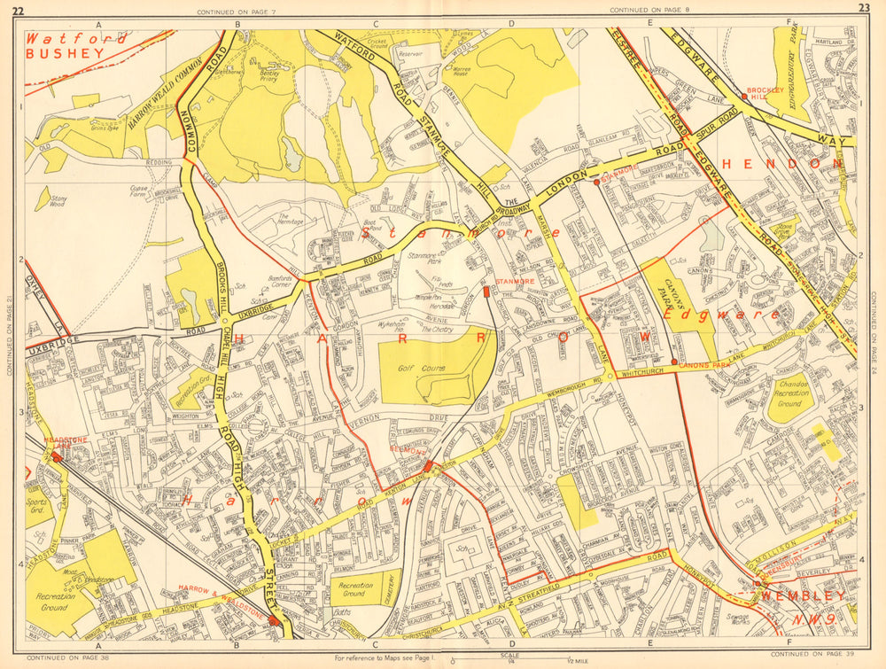 HARROW STANMORE Edgware Queensbury Belmont Wealdstone. GEOGRAPHERS' A-Z 1948 map