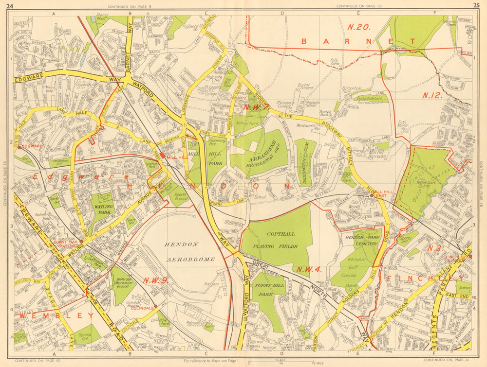 BARNET NW9 NW4 NW7 Edgware Mill Hill Finchley Hendon. GEOGRAPHERS' A-Z 1948 map