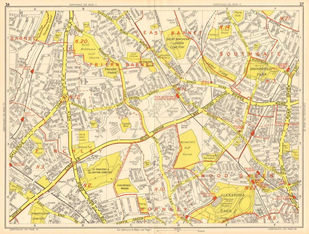 LONDON N Southgate Finchley Wood Green Arnos Grove. GEOGRAPHERS' A-Z 1948 map